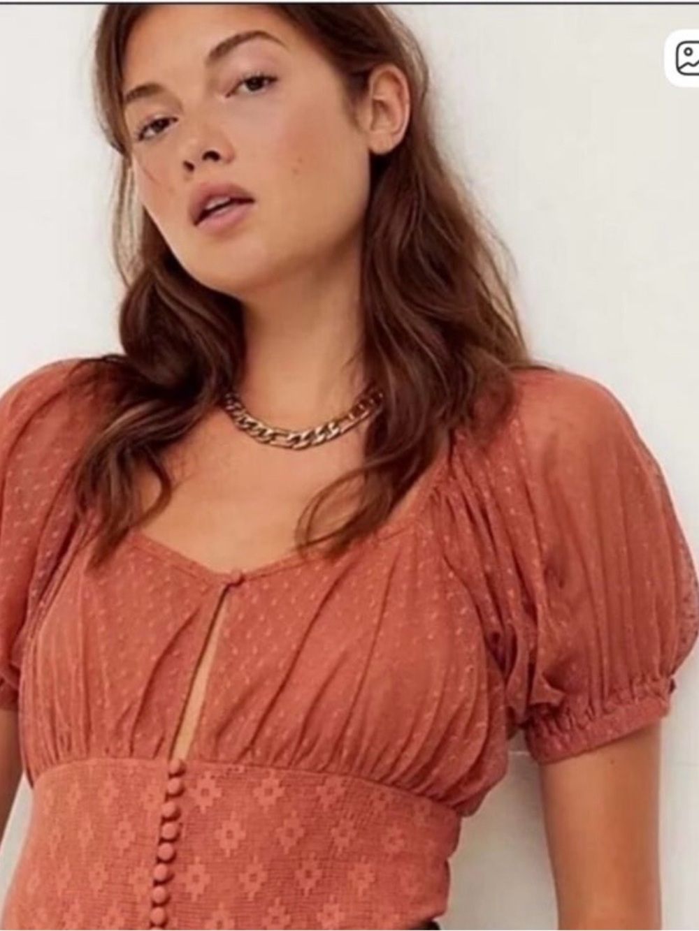 Free People Rust Textured Puff-Sleeve Blouse